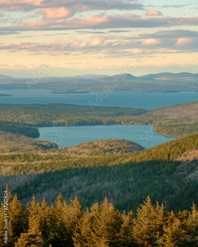 Sunset view from Penobscot Mountain in Acadia National Park on Mount Desert Island, Maine
