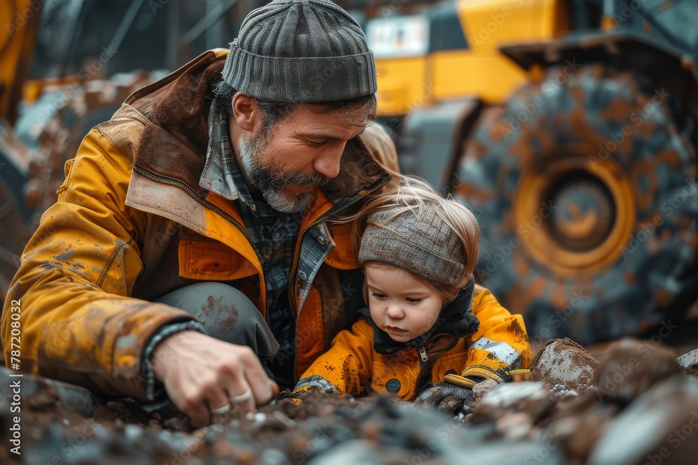 An adult and a young child are engaging in outdoor exploratory play with a backdrop of heavy machinery
