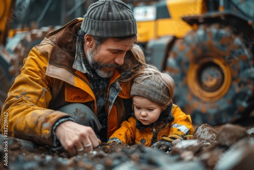 An adult and a young child are engaging in outdoor exploratory play with a backdrop of heavy machinery