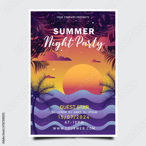 Gradient summer night party poster template with sunset