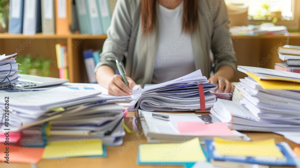 A paralegal sits at a desk covered in organized piles of paperwork meticulously comparing notes and highlighting key details. . - obrazy, fototapety, plakaty 