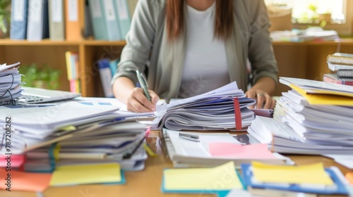 A paralegal sits at a desk covered in organized piles of paperwork meticulously comparing notes and highlighting key details. . photo