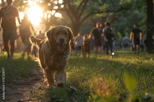 Experience the heartwarming interactions in this professional shot of a serene European park scene in summertime. Witness the pure joy and companionship as dogs chase frisbees, owners pet their furry 