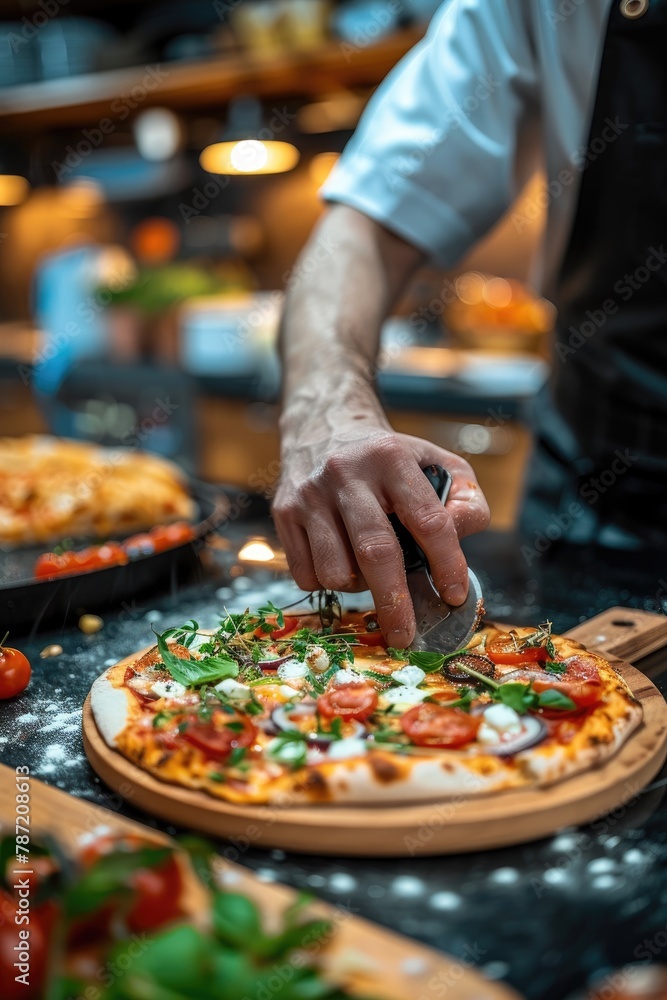 A handsome chef prepares a delicious pizza.