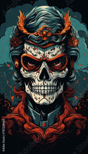 SKULL king of narcos wearing gun and mask, abstract background, drug leader