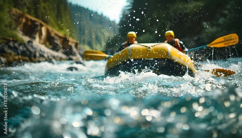 Two people in a yellow raft go down a river with white water and rocks on the shore photo