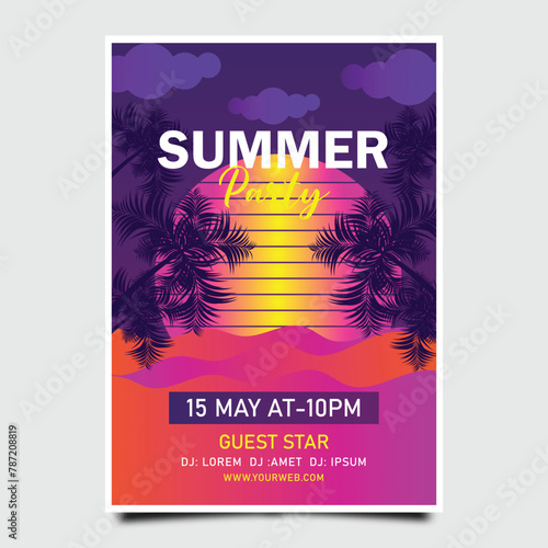 Summer Beach party poster for clubbing dance event with 80s retro or synth wave style and palm trees