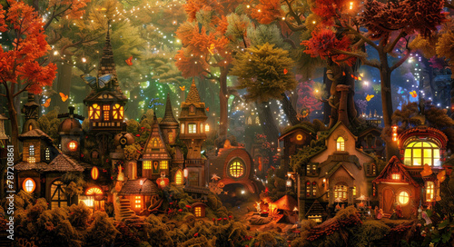 A whimsical fairy city nestled in an enchanted forest  with colorful trees and sparkling lights. The scene includes friendly fairies flying around the fantasy town surrounded by magical creatures