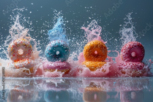 Dynamic image of colorful donuts exploding with a water splash in the background photo