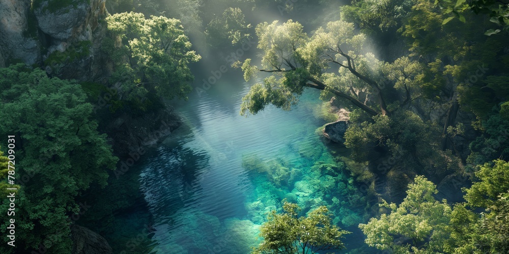 An enchanting view of a lush forest landscape with sunlight filtering through trees onto a serene river