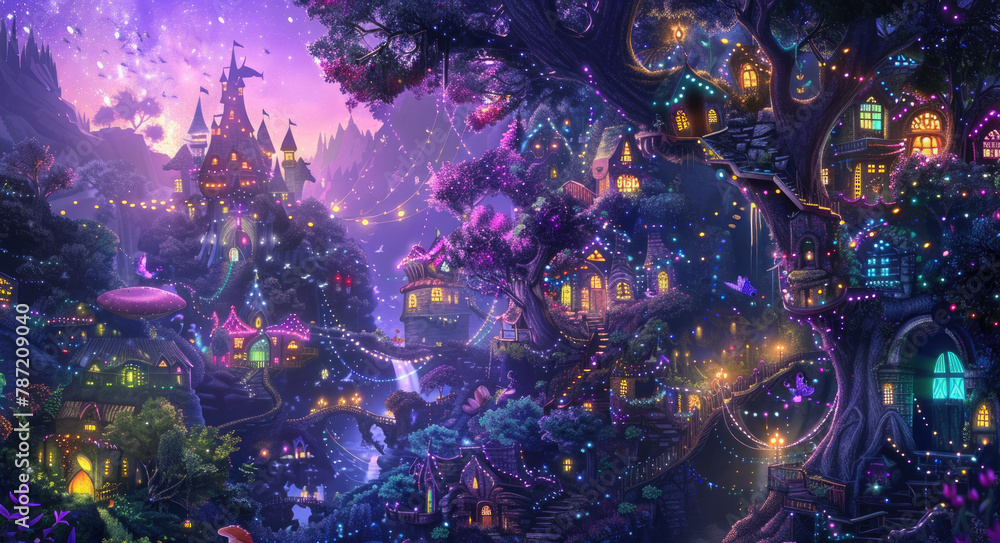 A whimsical fairy city nestled in an enchanted forest, with colorful trees and sparkling lights. The scene includes friendly fairies flying around the fantasy town surrounded by magical creatures