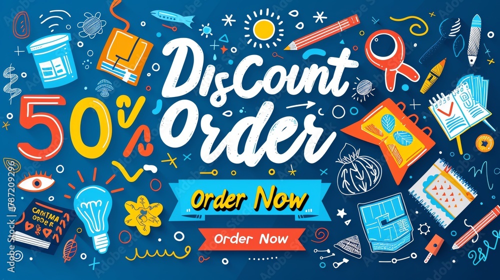The full length of banner design showing the title "Discount 50" at the top of banner. The banner is decoration with back to school elements. - obrazy, fototapety, plakaty 