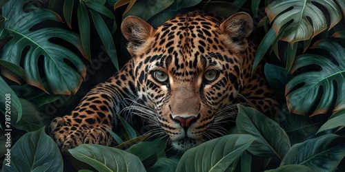 A captivating close-up of a leopard s face camouflaged by luscious green foliage that emphasizes its wild essence