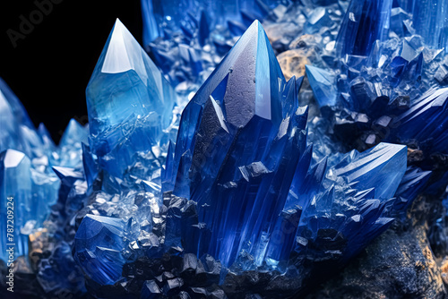 A blue crystal formation with a rocky base