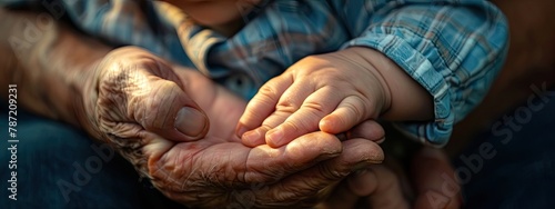 hands close up child and grandfather. Selective focus photo