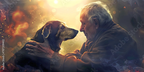 Man's best friend - pensioner with grey hair face to face with his loyal dog holding him on the shoulders and staring into his eyes lovingly
