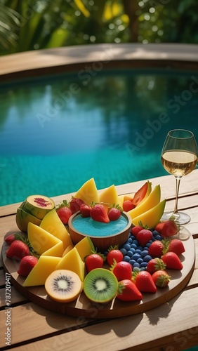 Fruit platter with fruits and a glass of wine near swimming pool.