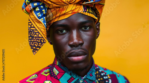 A handsome black man wearing a unique piece of headgear reminiscent of both an African gele and an Asian turban paired with a crisp buttonup shirt and vibrant patterned trousers. His . photo