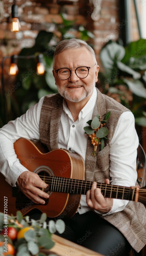 Elderly gentleman in formal attire playing acoustic guitar classic live music performance Elderly gentleman in formal attire playing acoustic guitar classic live music performance