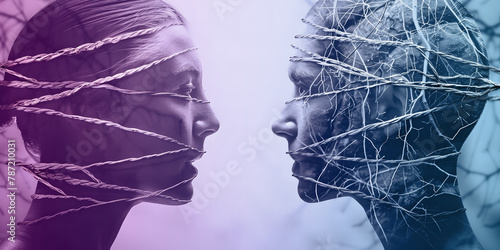 Relationships can go through thorny patches - female side profile head facing a male side profile head, both wrapped in wire and twine depicting trouble in their partnership and copy space