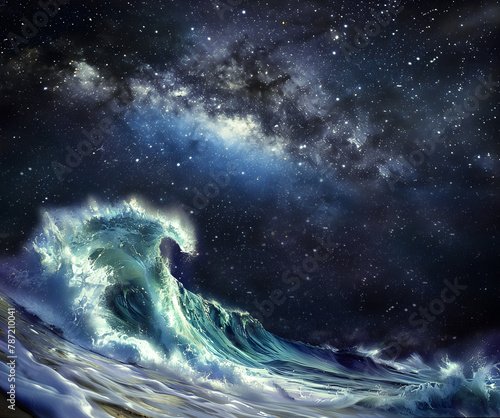 Nature at its best the mighty ocean under the dreamy Milky Way Galaxy - huge wave rearing up almost touching the inky black sky with space for a spiritual message or for a wall art canvas
