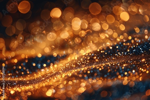 An alluring abstract image with a stream of golden and blue bokeh lights that conveys motion and vibrance