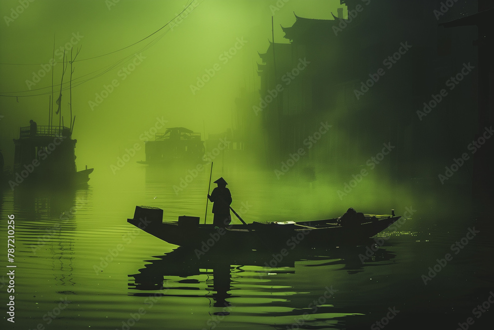 AI-generated illustration of an Asian man in a boat on misty waters