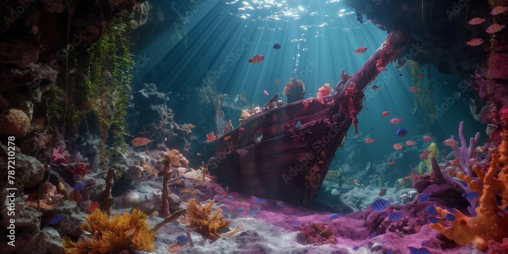 An underwater dreamscape featuring a sunken ship surrounded by colorful ...