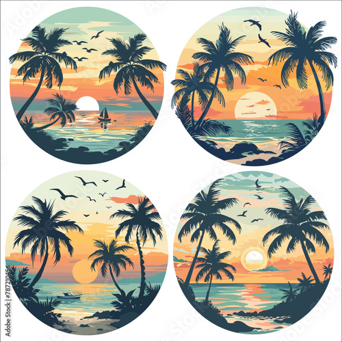 Tropical exotic beach sunset ocean sea, Sea beach and sunset, Tropical beach landscape with sea, Summer vacation concept circle icon, Tropical paradise island logo, Summer ads, Posters, Label, T-shirt
