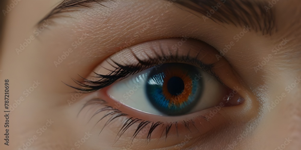 Obraz premium Vibrant Blue and Red Eye Close-Up: Surreal Beauty in Macro Detail - Expressive Woman's Eye with Intense Colors for Makeup, Cosmetics, and Advertisement Stock Photo