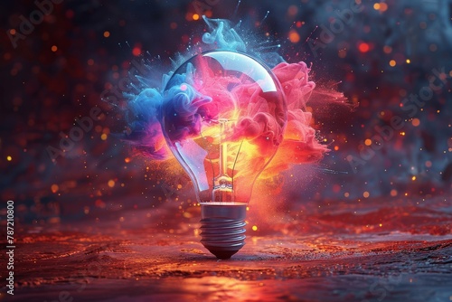 A captivating scene of a light bulb shattering with colorful smoke conveying a concept of broken ideas
