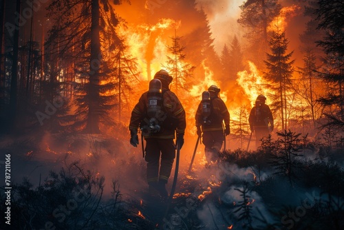 A trio of firefighters in gear walk towards a massive forest fire engulfing everything around