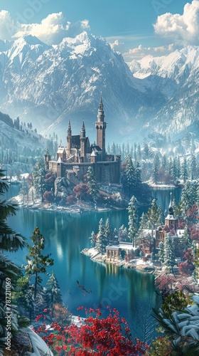 Snowy mountains, lakes, castles, and flowers