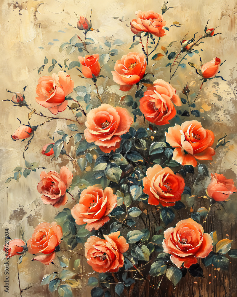 Vintage Red Rose Painting Background in Distressed Grunge Style