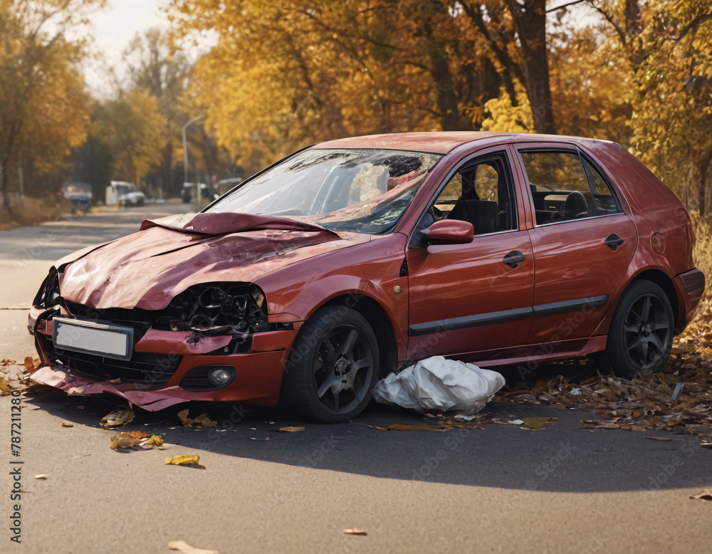 Old car damaged after an accident on the road Old car damaged after an accident on the road