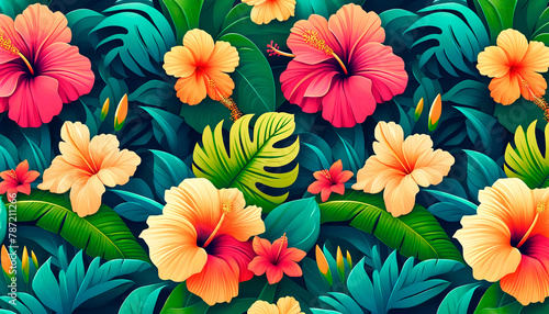 Vivid tropical hibiscus pattern, ideal for summer fashion and beachwear, also for travel and hospitality industries, resonates with fun and relaxation.
