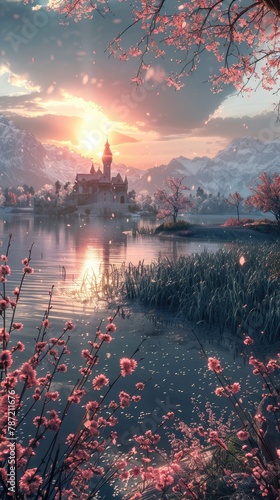 Snowy mountains, lakes, castles, and flowers