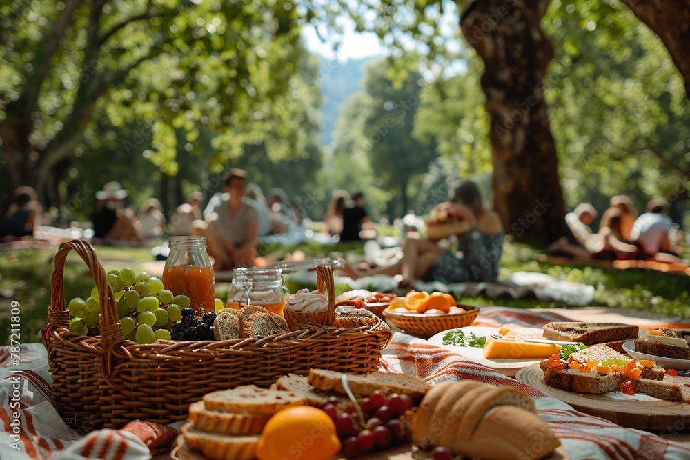 Indulge in the charm of a serene European park on a sunny summer day with this professional image capturing groups of people enjoying a leisurely picnic. Complete with sandwiches, fruits, and refreshi