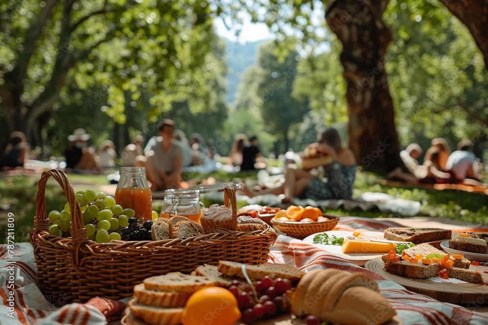 Indulge in the charm of a serene European park on a sunny summer day with this professional image capturing groups of people enjoying a leisurely picnic. Complete with sandwiches, fruits, and refreshi Indulge in the charm of a serene European park on a sunny summer day with this professional image capturing groups of people enjoying a leisurely picnic. Complete with sandwiches, fruits, and refreshi