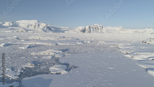 Antarctica Iceberg Nature Landscape Aerial View. Epic South Polar Ice land Environmenent Rock Coast Surface Overview. Majestic Antarctic Coast Continent Scenery Drone © mozgova