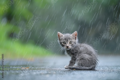 Lonely stray kitten seeking shelter pet rescue and adoption amidst rainy street scene