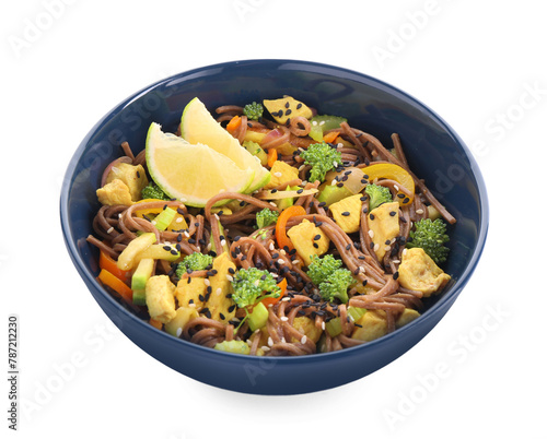 Stir-fry. Delicious cooked noodles with chicken and vegetables in bowl isolated on white