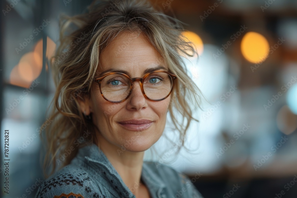 A close-up of a woman with blonde hair and eyeglasses featuring a soft smile and a blurred background A close-up of a woman with blonde hair and eyeglasses featuring a soft smile and a blurred background