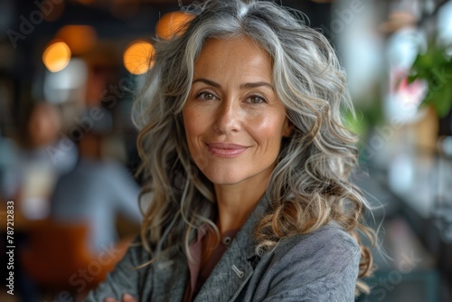 A portrait of a mature woman with curly grey hair, smiling subtly in a warmly lit cafe environment with a blurred background
