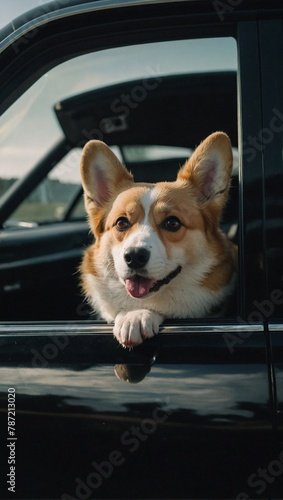 Cute corgi comfortably seated in a black car with its head playfully poking out of the window © Natallia