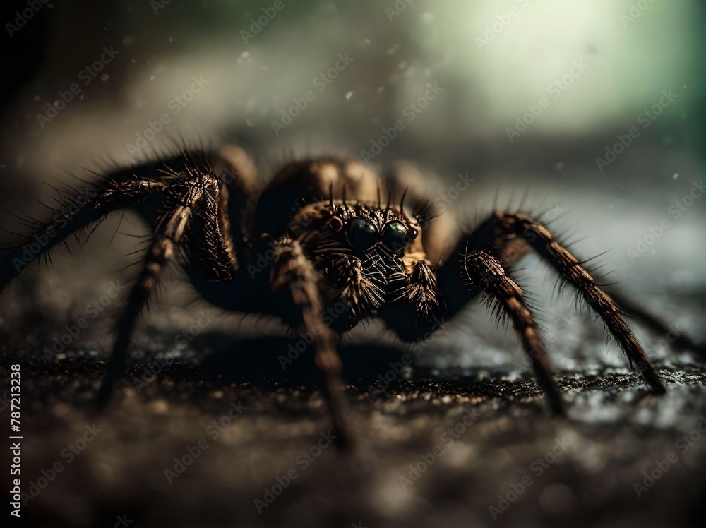 Hairy Tarantula Looking at Camera on The Ground Isolated on Defocused Background Portrait