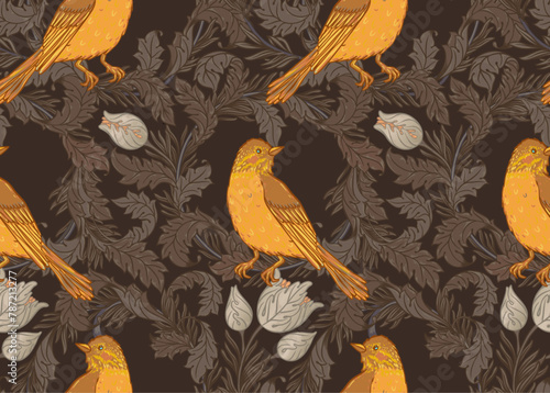 Vintage style seamless pattern with Floral wreath and birds for retro wallpapers. Enchanted Vintage Flowers. Arts and Crafts movement inspired. Design for wrapping paper, wallpaper, fabrics and