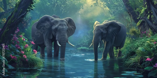 Two elephants exhibit bonding behavior as they affectionately touch trunks by a serene forest stream