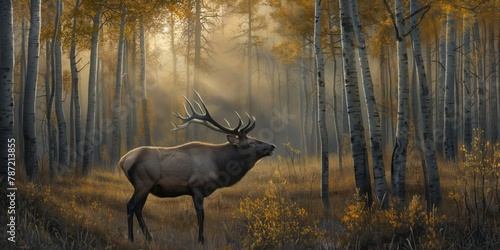 This serene image depicts an elk in the calm of a misty forest during fall, symbolizing solitude and the beauty of nature
