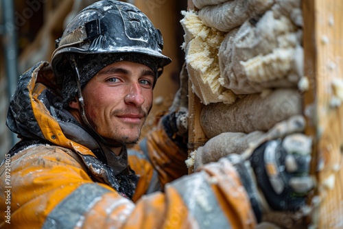 A cheerful construction worker smiling at the camera, surrounded by insulation materials © Larisa AI